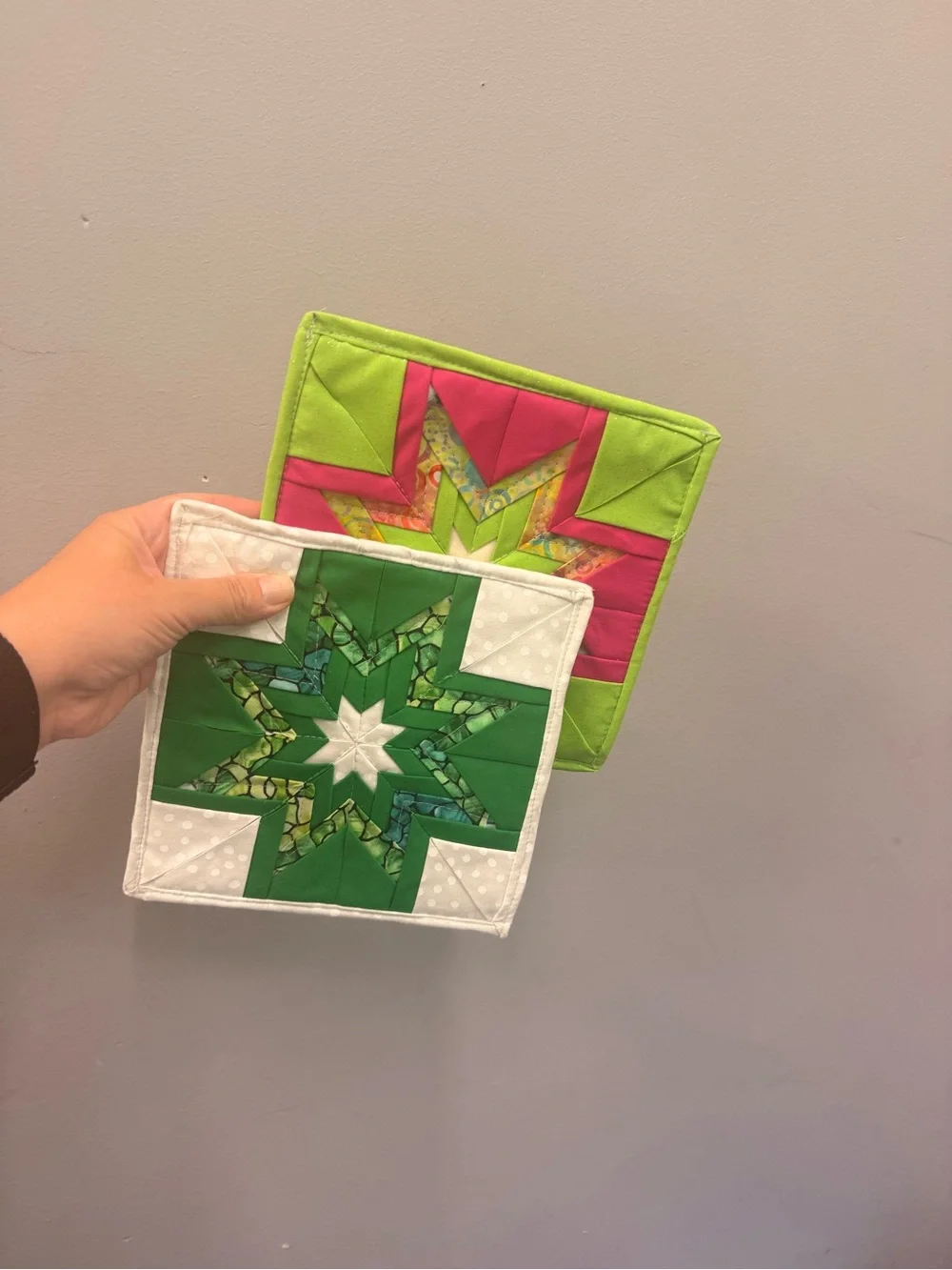 Handmade Green & Pink Star Holiday Pot Holders